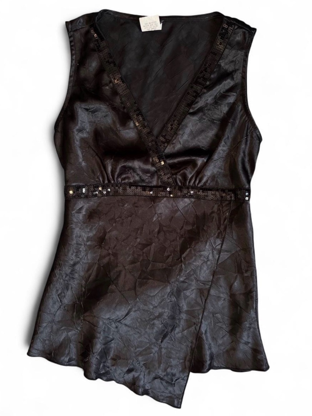 Y2K FairyCore Black Satin Asymmetrical Blouse With Sequins